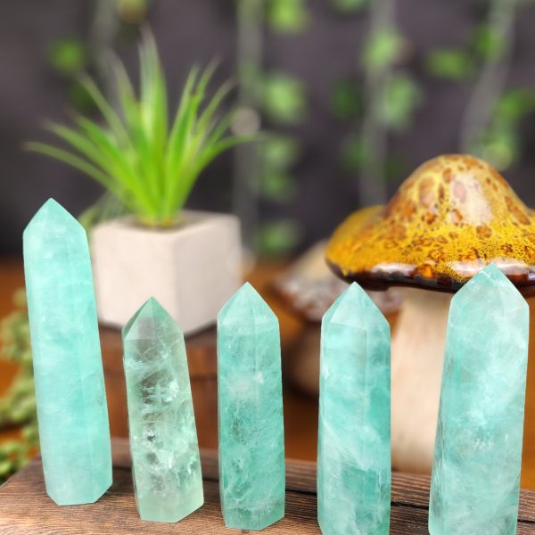 Mint Green Fluorite crystal towers for sale at Hazel-Jayne