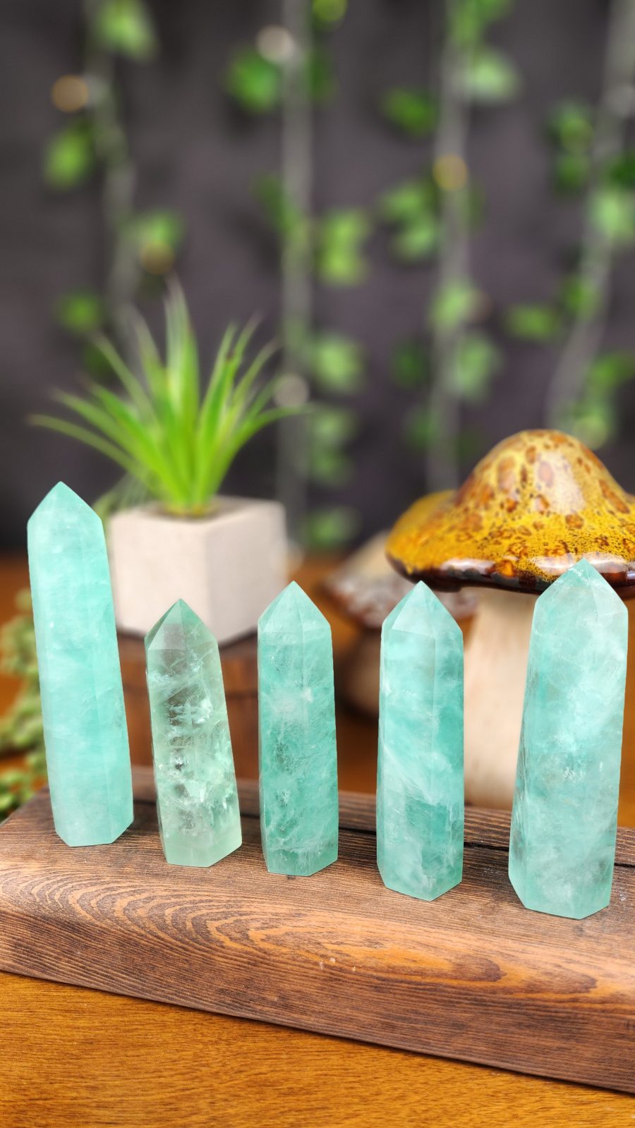 Mint Green Fluorite crystal towers for sale at Hazel-Jayne